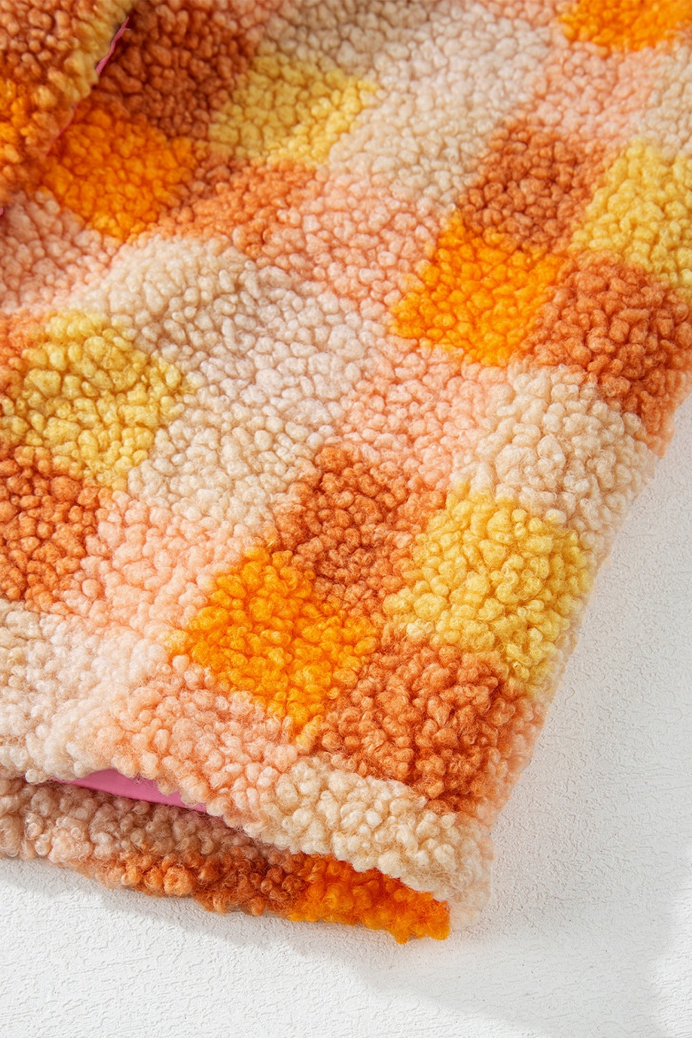 Orange and pink checkered sherpa hooded jacket