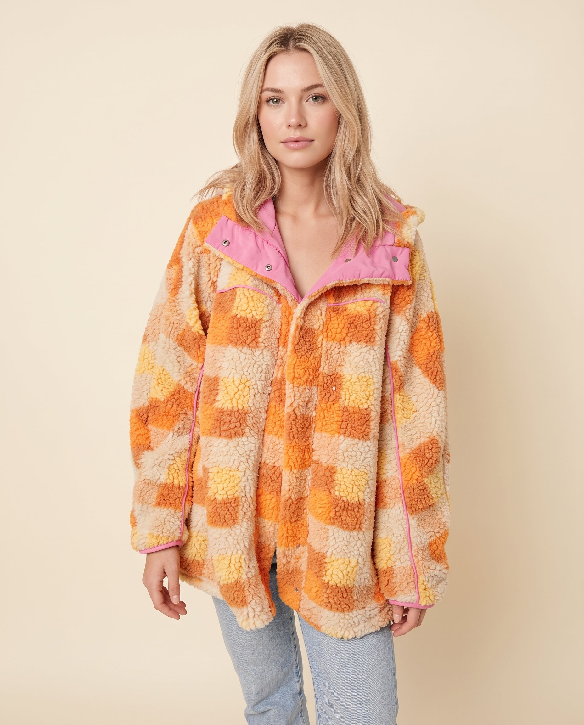 Orange and pink checkered sherpa hooded jacket