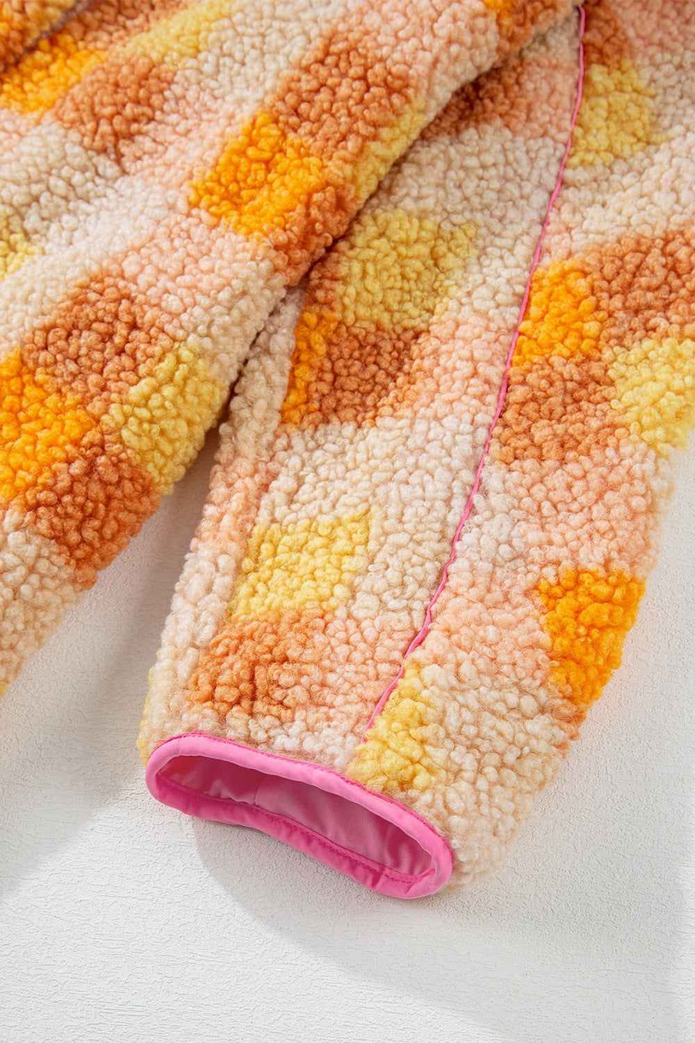 Orange and pink checkered sherpa hooded jacket