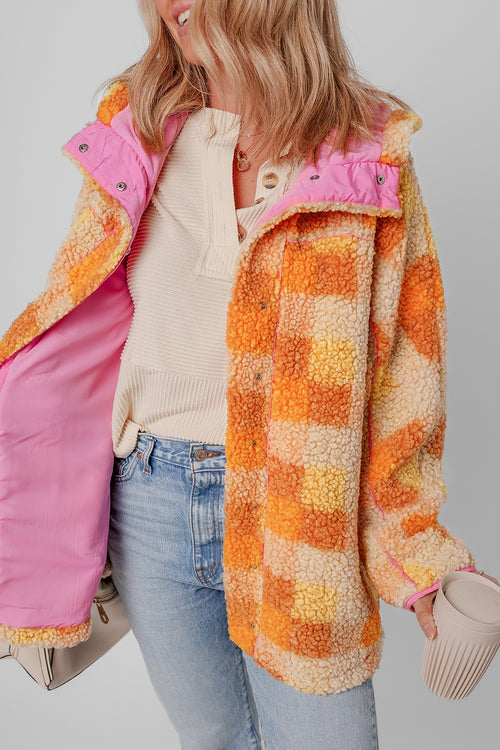 Orange and pink checkered sherpa hooded jacket