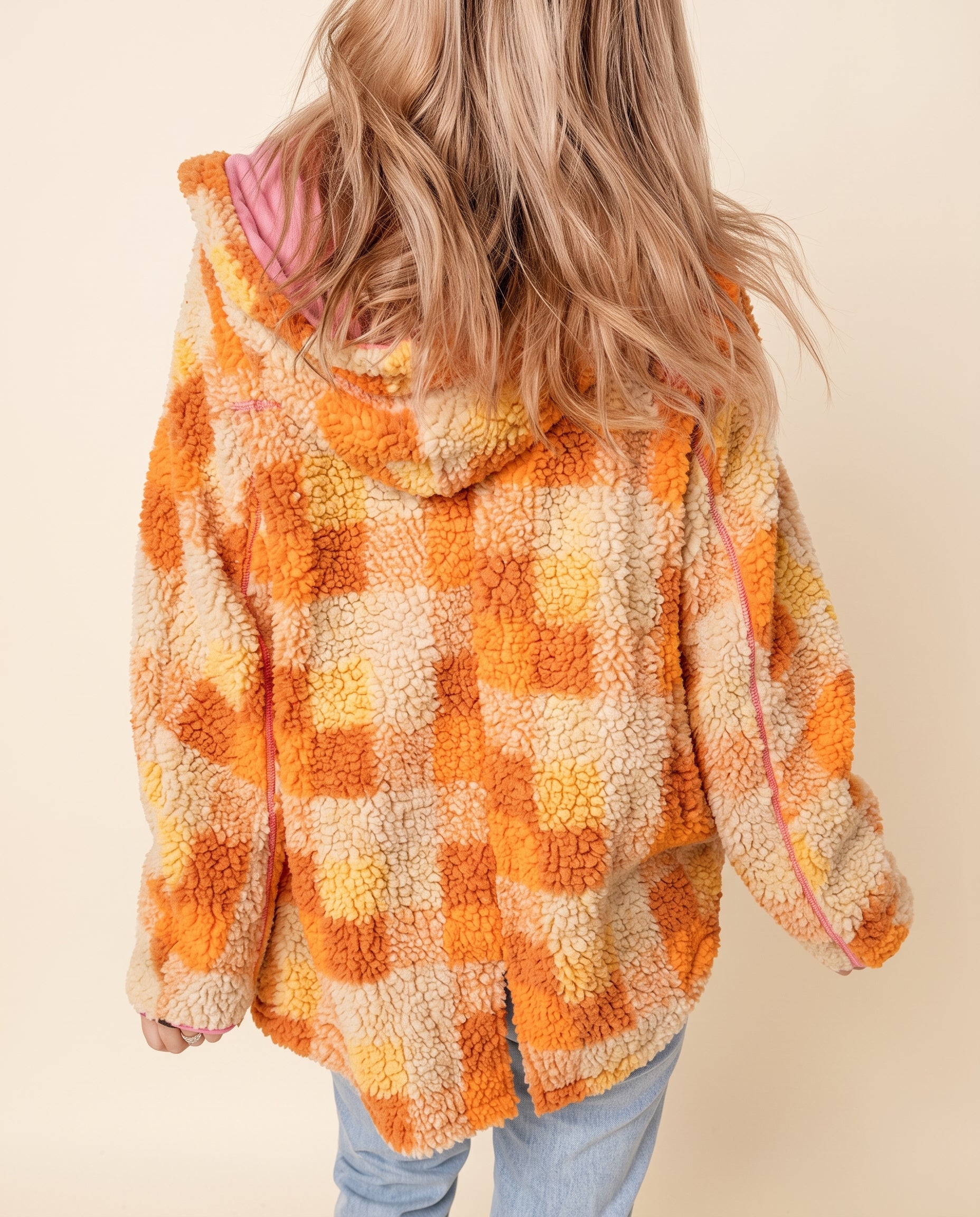 Orange and pink checkered sherpa hooded jacket
