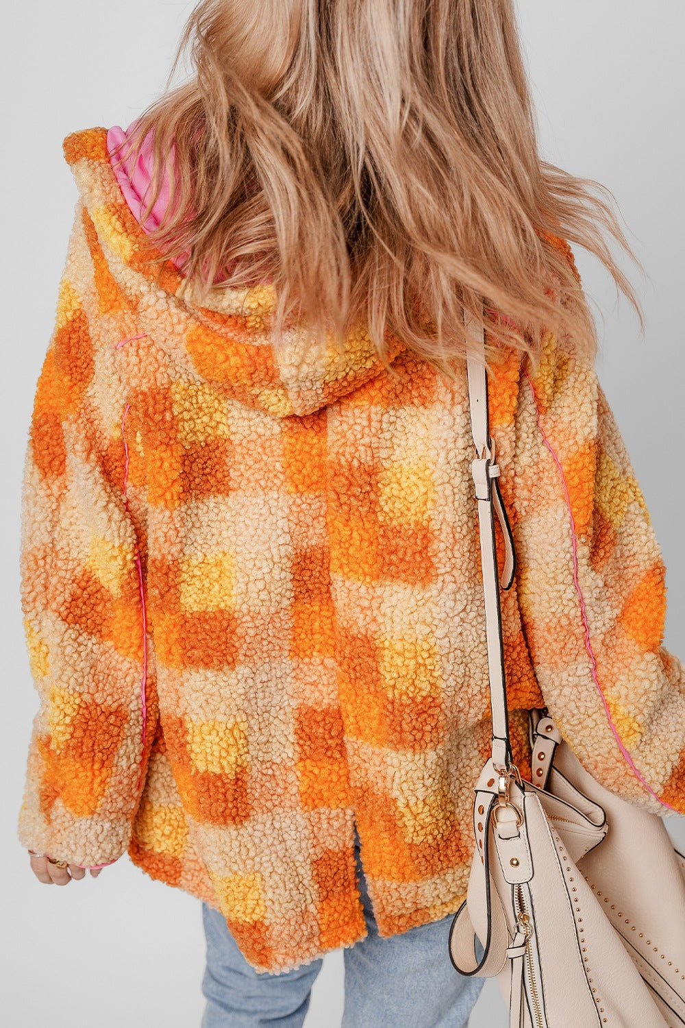 Orange and pink checkered sherpa hooded jacket