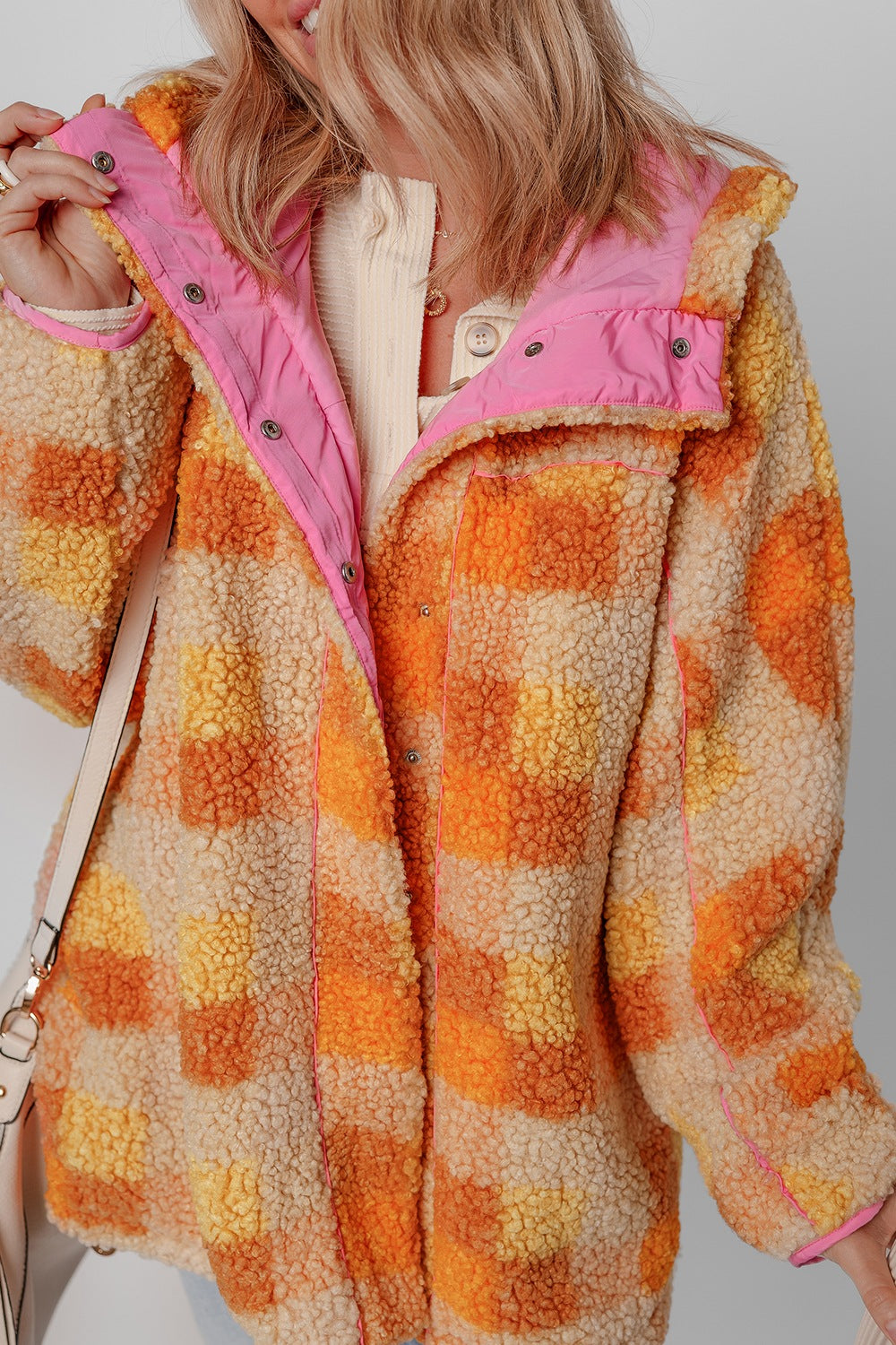 Orange and pink checkered sherpa hooded jacket