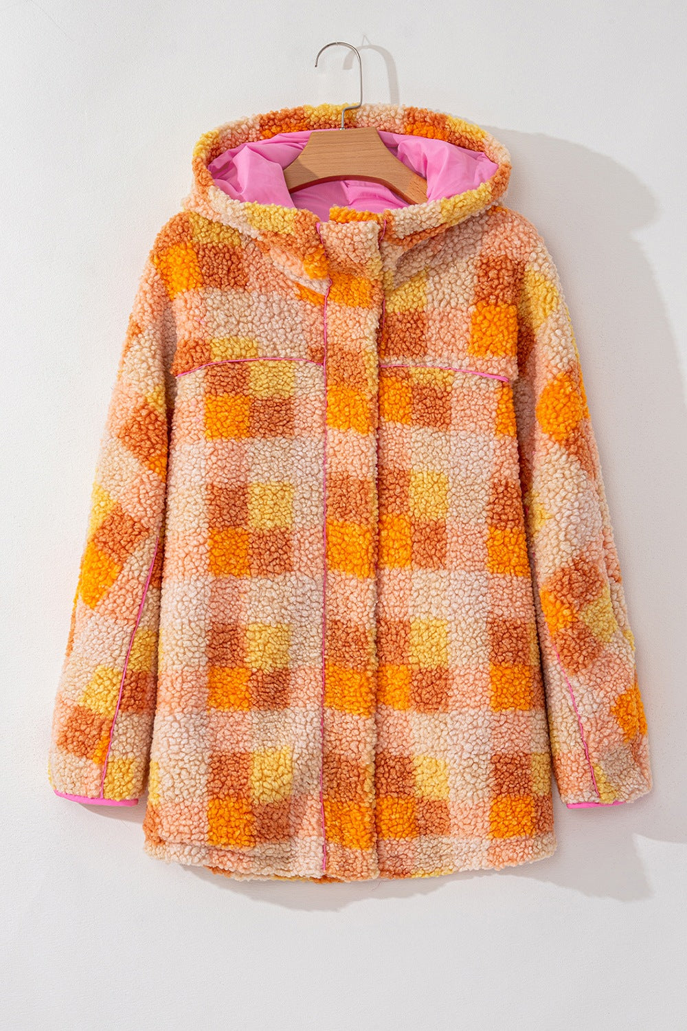 Orange and pink checkered sherpa hooded jacket