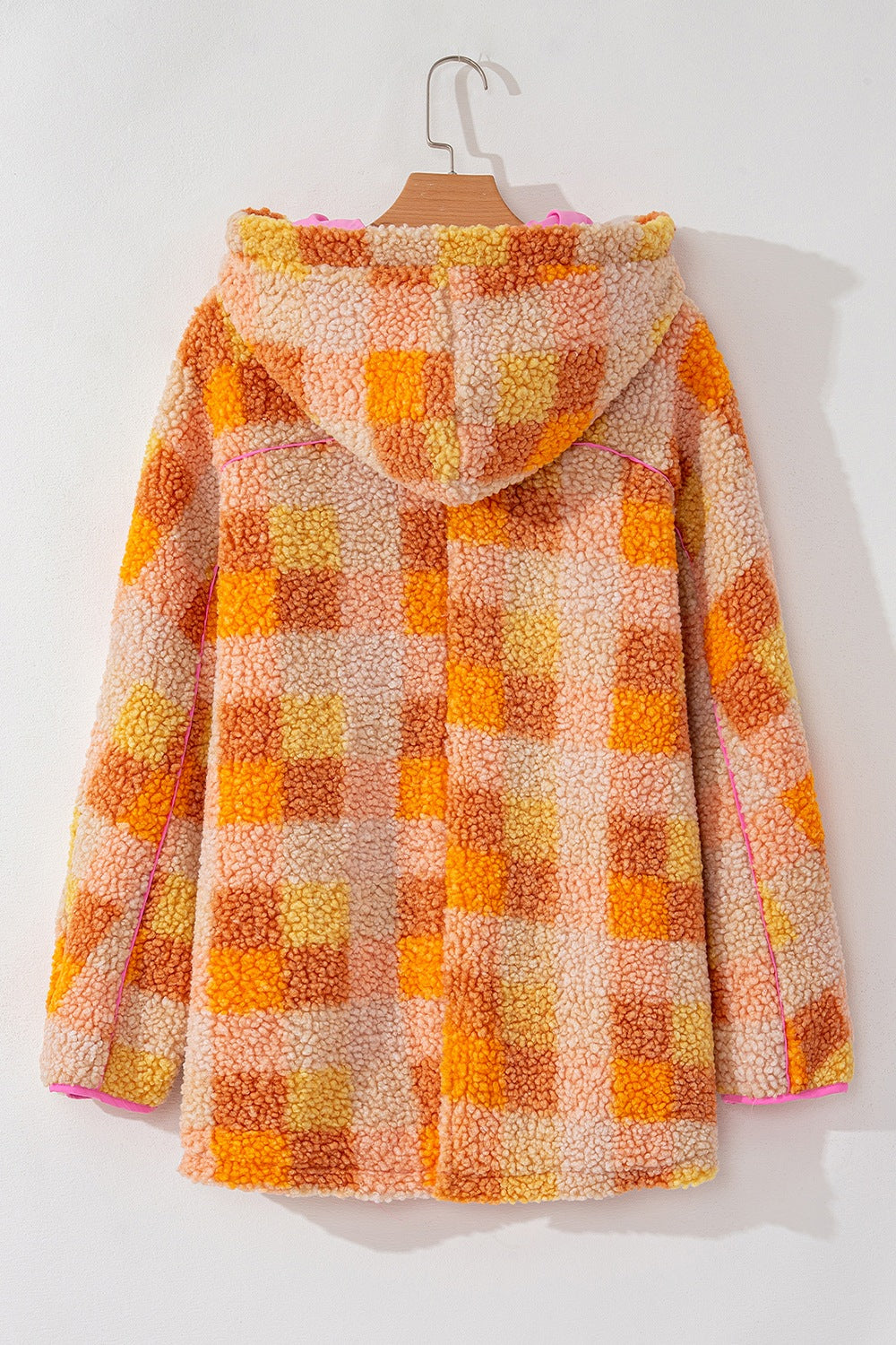 Orange and pink checkered sherpa hooded jacket