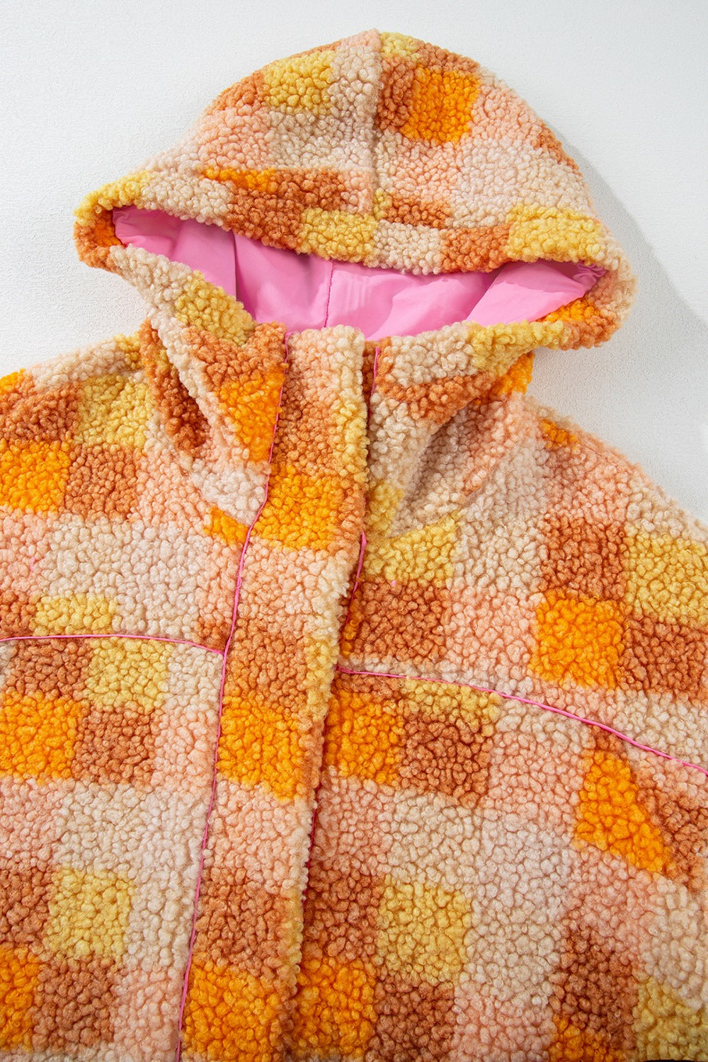 Orange and pink checkered sherpa hooded jacket