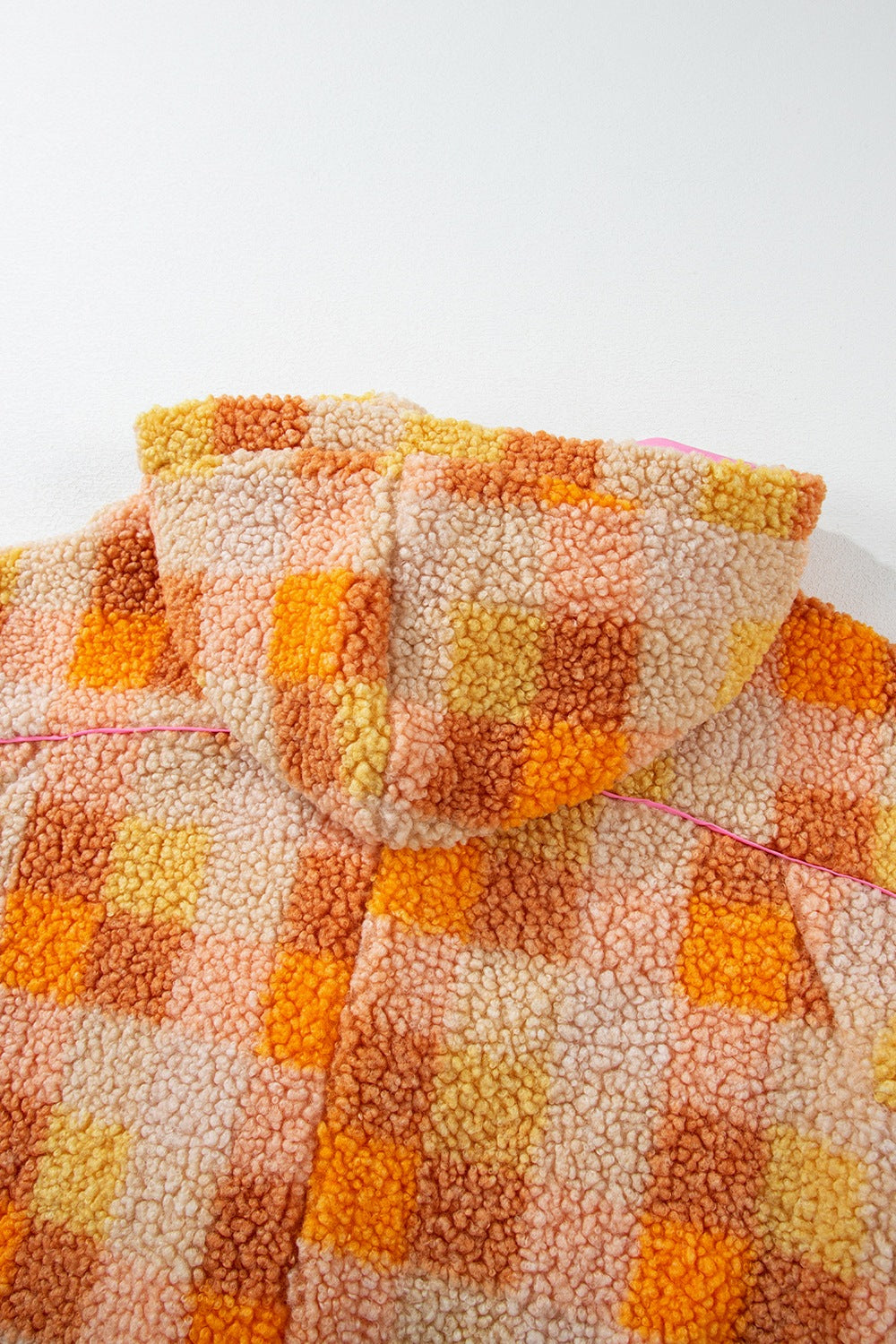 Orange and pink checkered sherpa hooded jacket