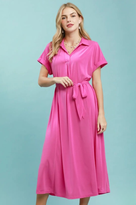 Collared belted midi dress in peony