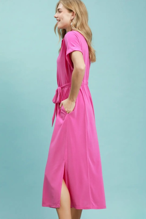 Collared belted midi dress in peony