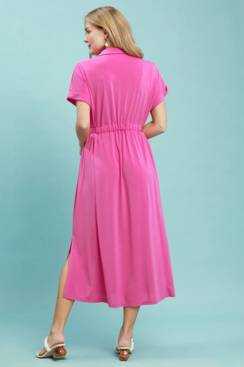 Collared belted midi dress in peony
