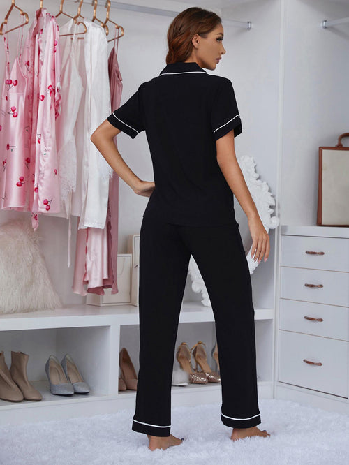 Black contrast piping lapel collar short sleeve pajama top and matching pants