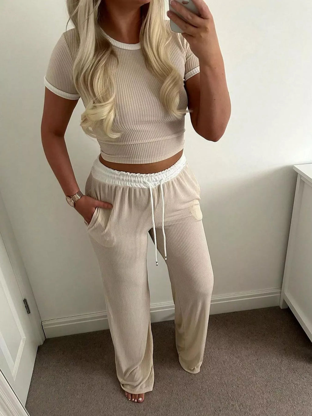 Beige contrast trim two-piece set, side view