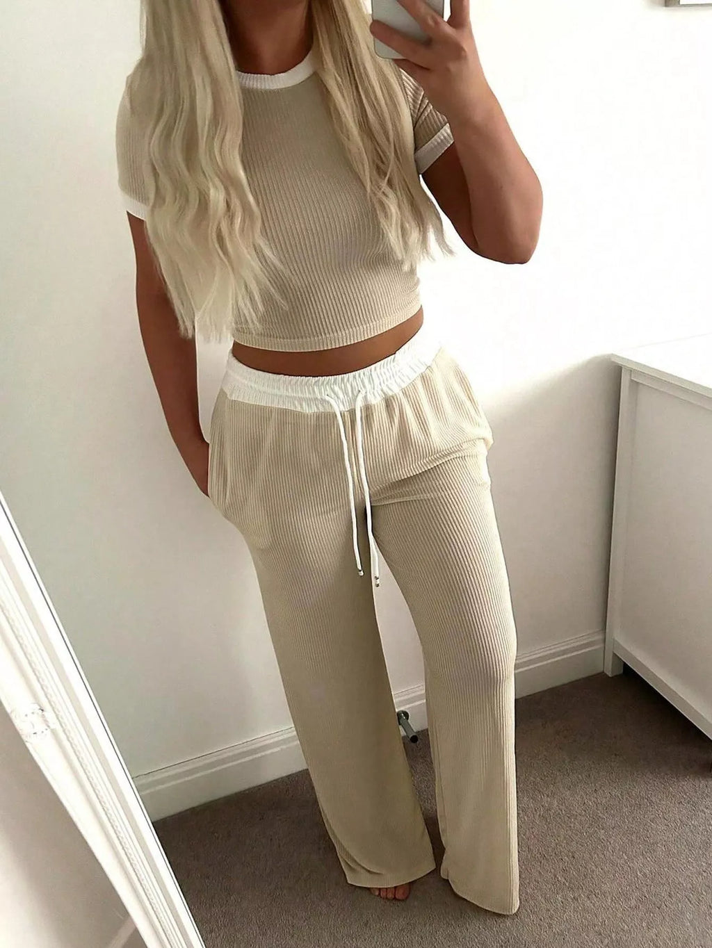 Beige contrast trim pants set, back view