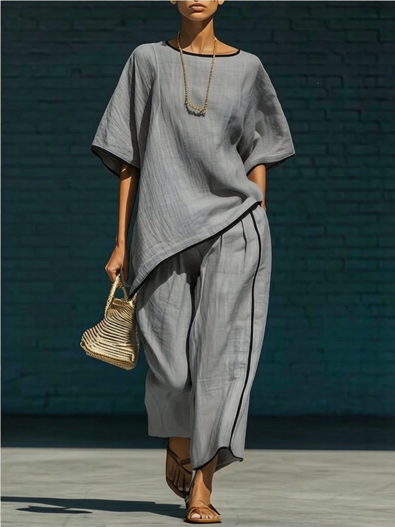 Gray contrast trim round neck top and pants set - front view