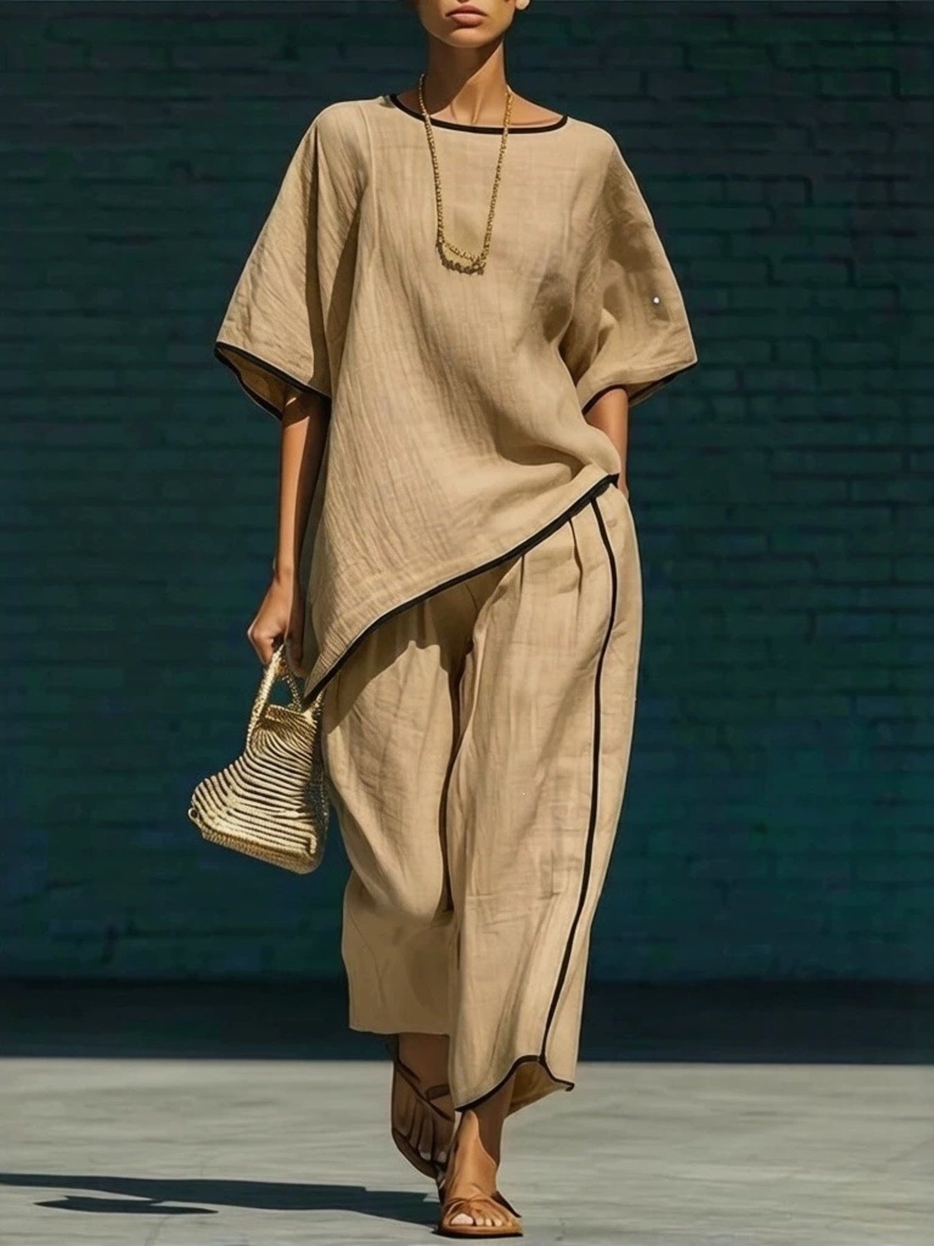 Khaki contrast trim round neck top and pants set - front view