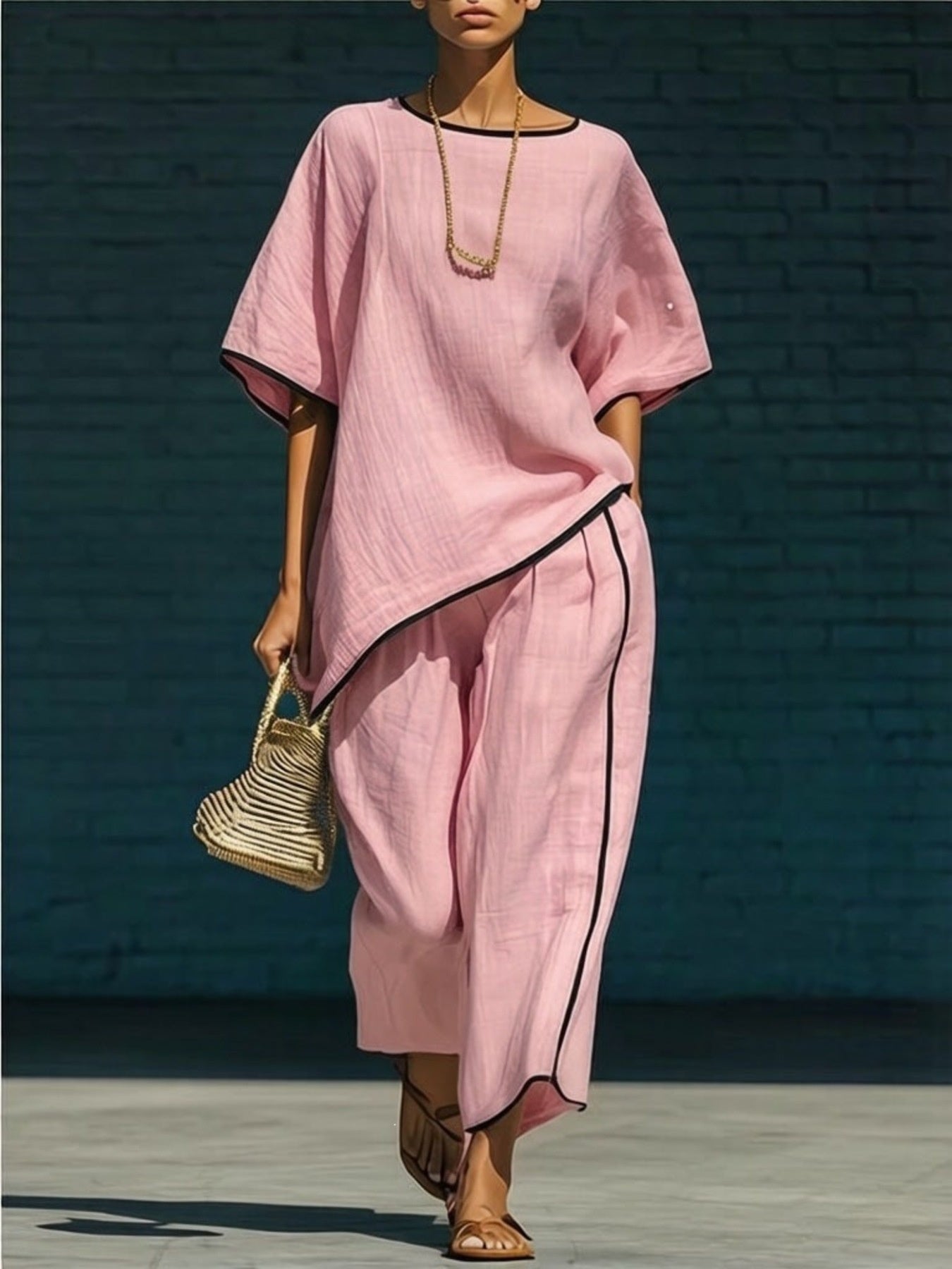 Pink contrast trim round neck top and pants set - front view