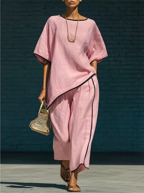 Pink contrast trim round neck top and pants set - front view