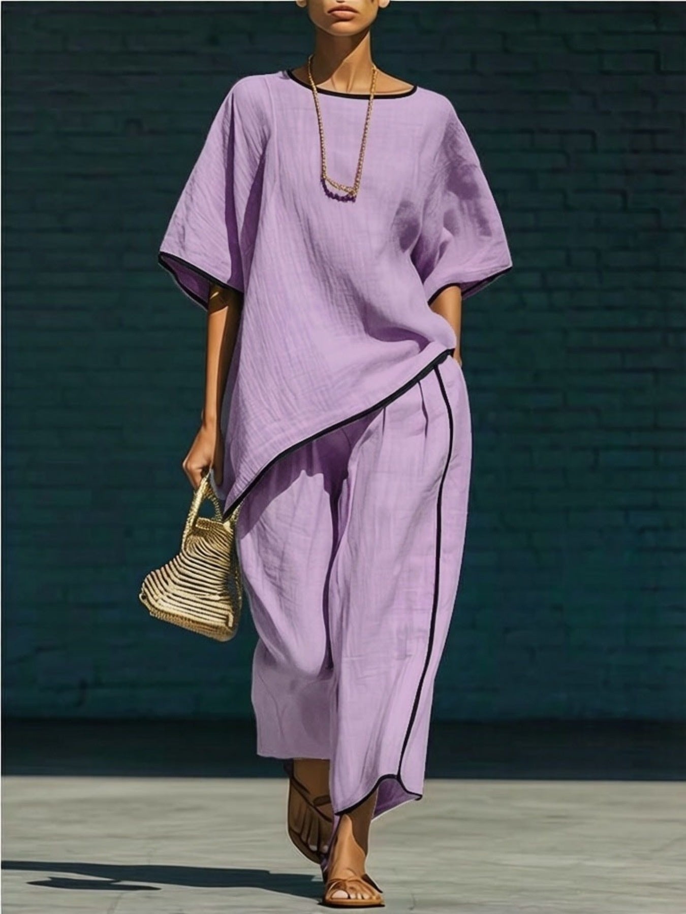 Purple contrast trim round neck top and pants set - front view