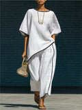 White contrast trim round neck top and pants set - front view