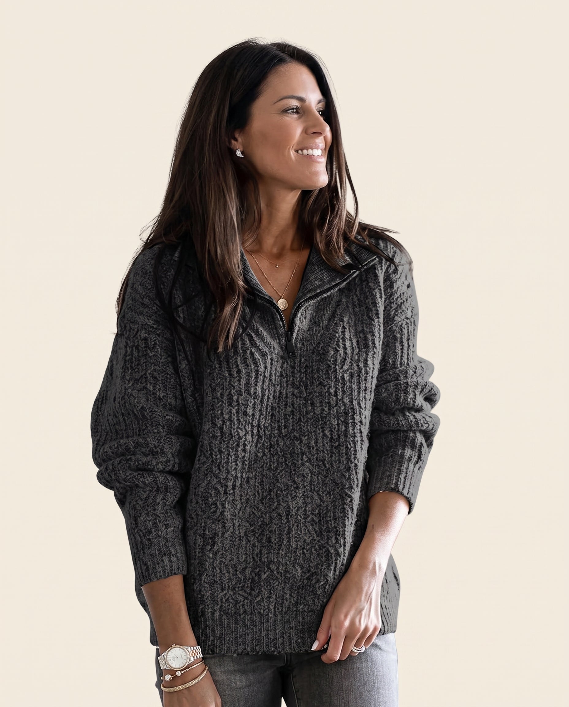 Dark grey half-zip textured sweater, front view
