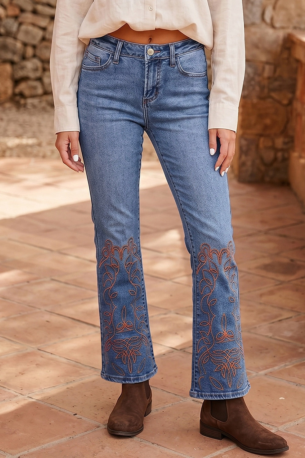 Embroidered flare leg jeans, medium wash
