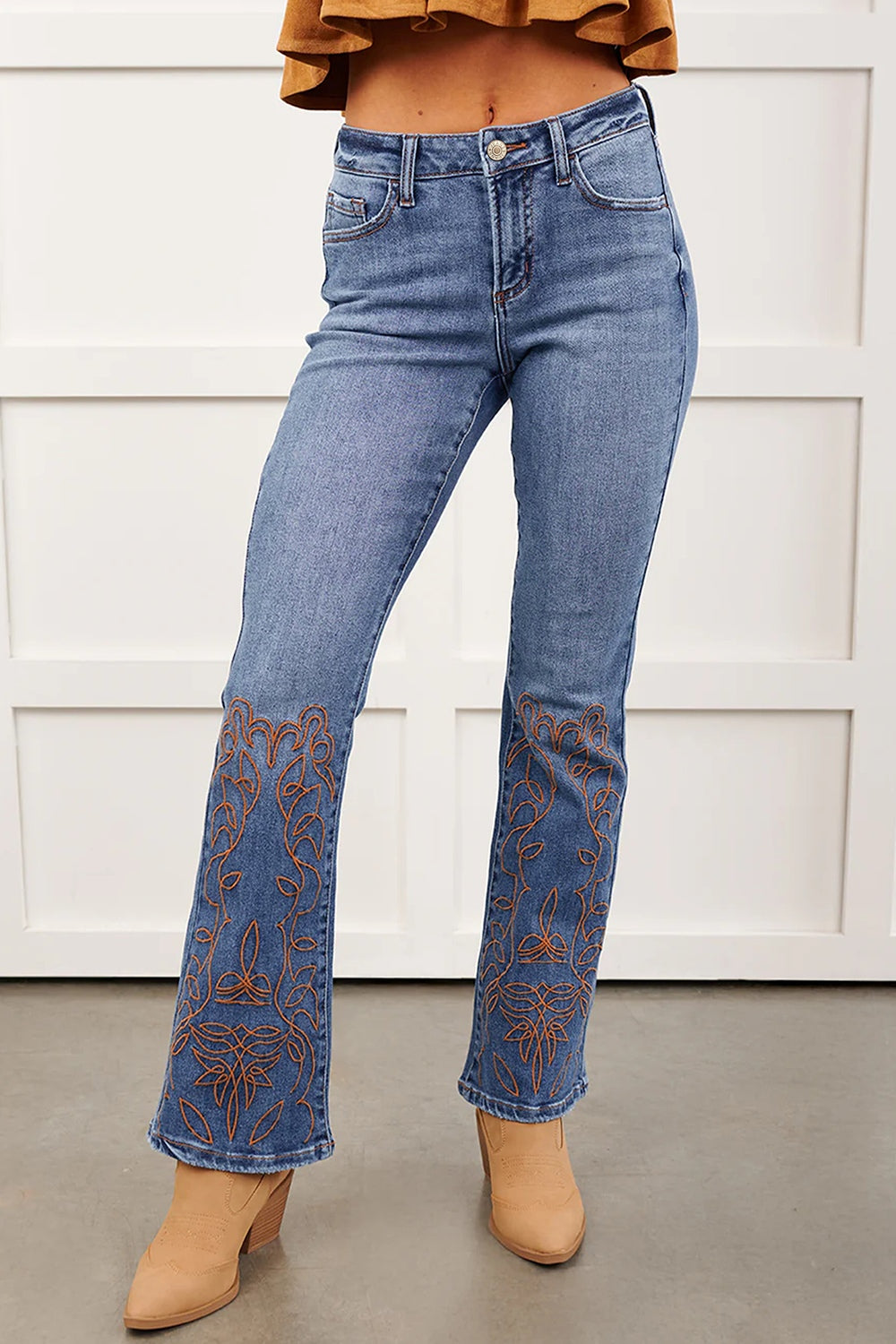 Embroidered flare leg jeans, medium wash