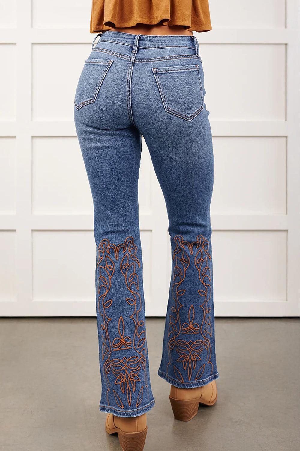 Embroidered flare leg jeans, medium wash