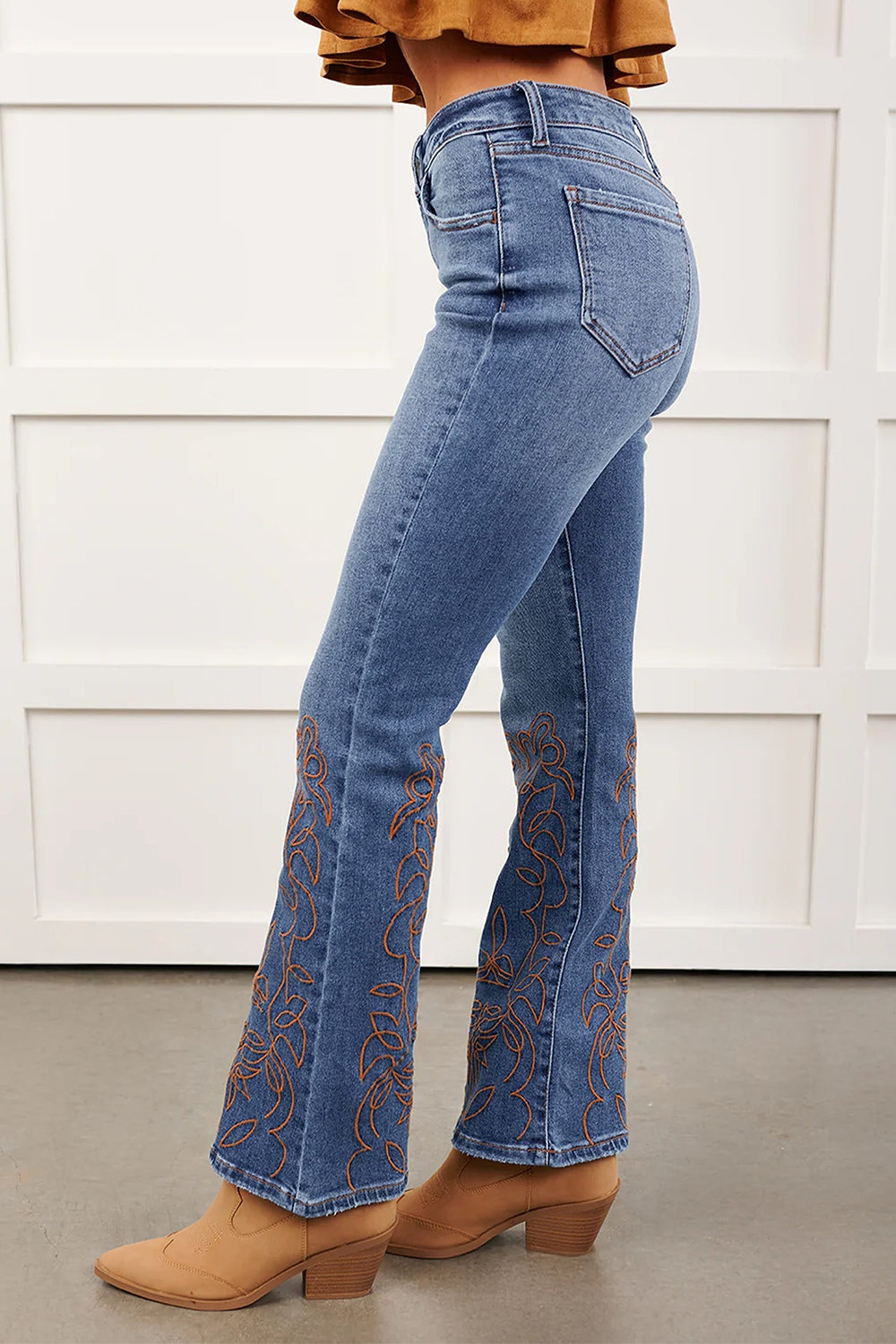 Embroidered flare leg jeans, medium wash