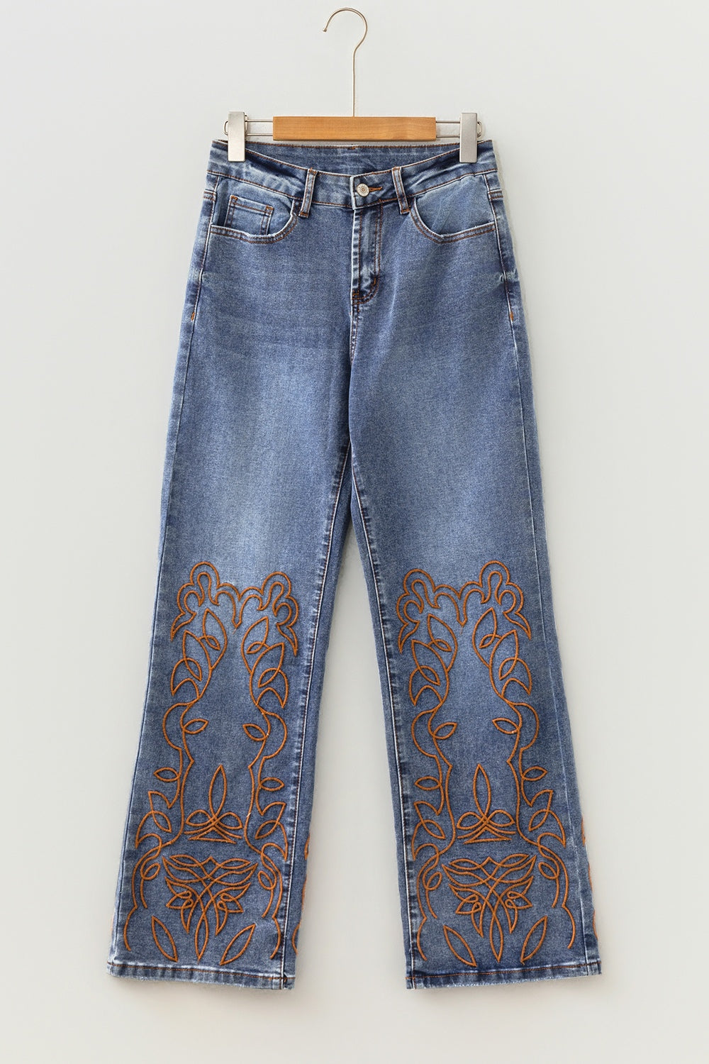 Embroidered flare leg jeans, medium wash