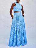 Blue eyelet lace crop top and maxi skirt set