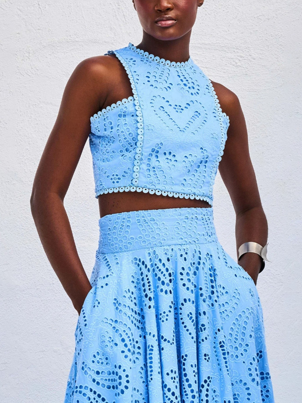 Blue eyelet lace crop top and maxi skirt set