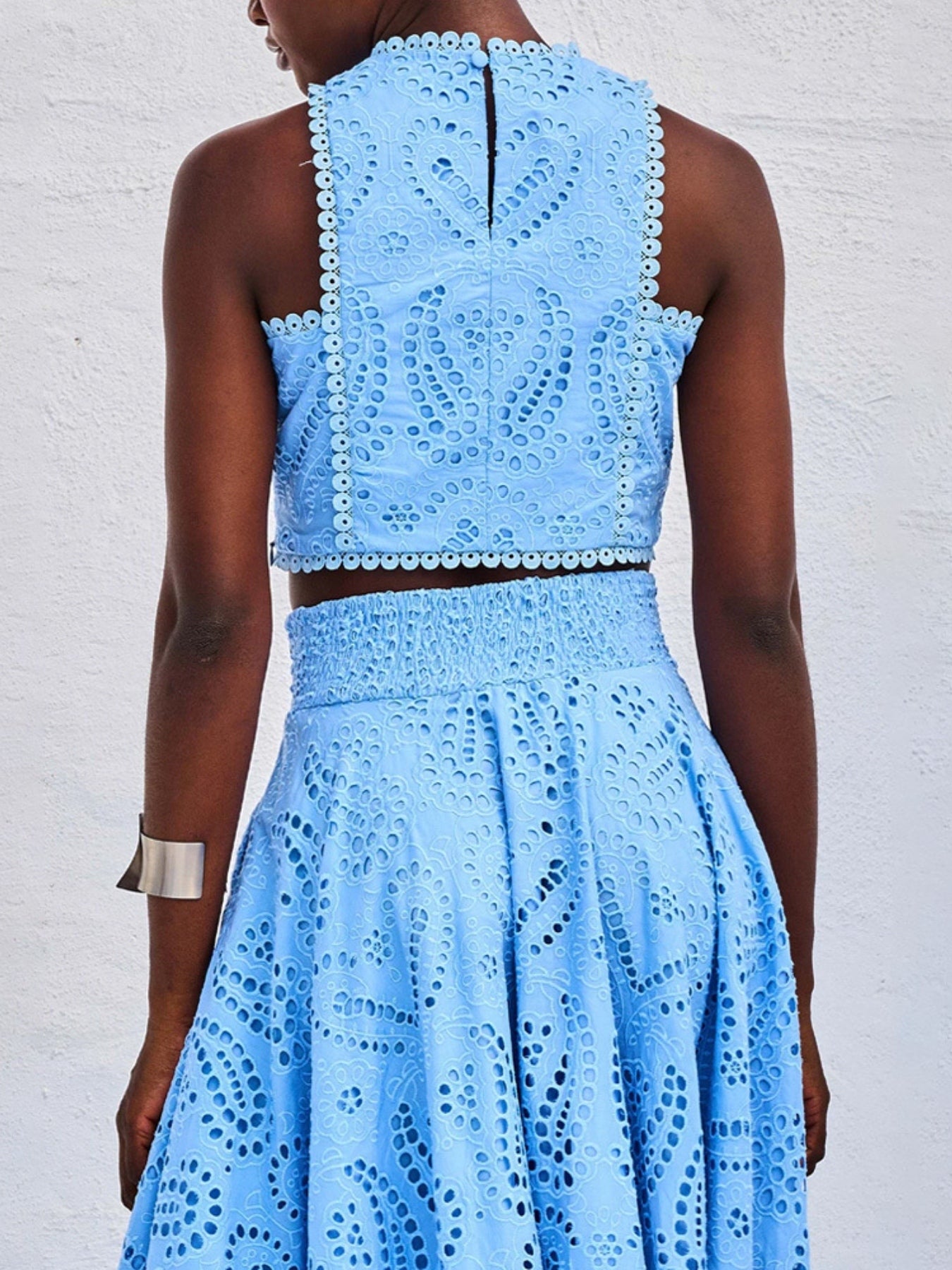 Blue eyelet lace crop top and maxi skirt set