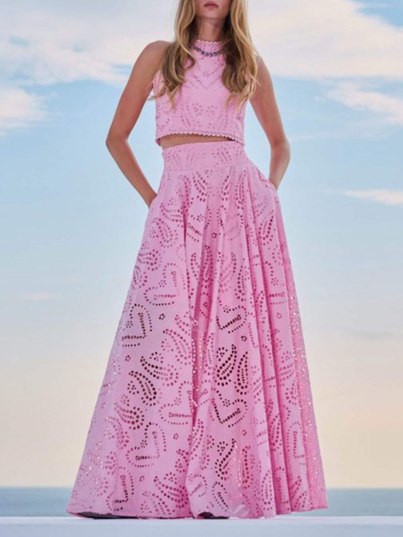 Pink eyelet lace crop top and maxi skirt set