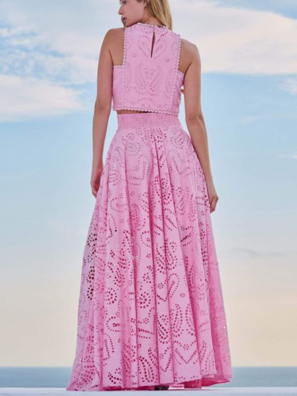 Pink eyelet lace crop top and maxi skirt set