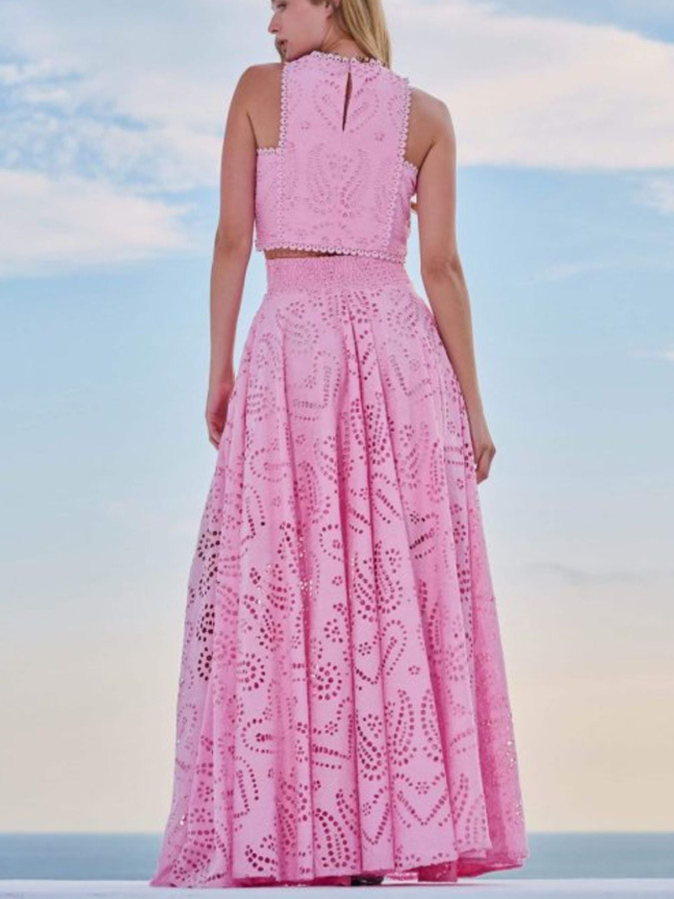 Pink eyelet lace crop top and maxi skirt set