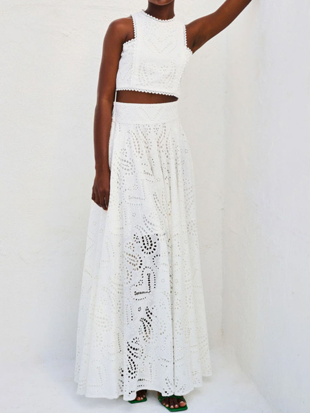 White eyelet lace crop top and maxi skirt set