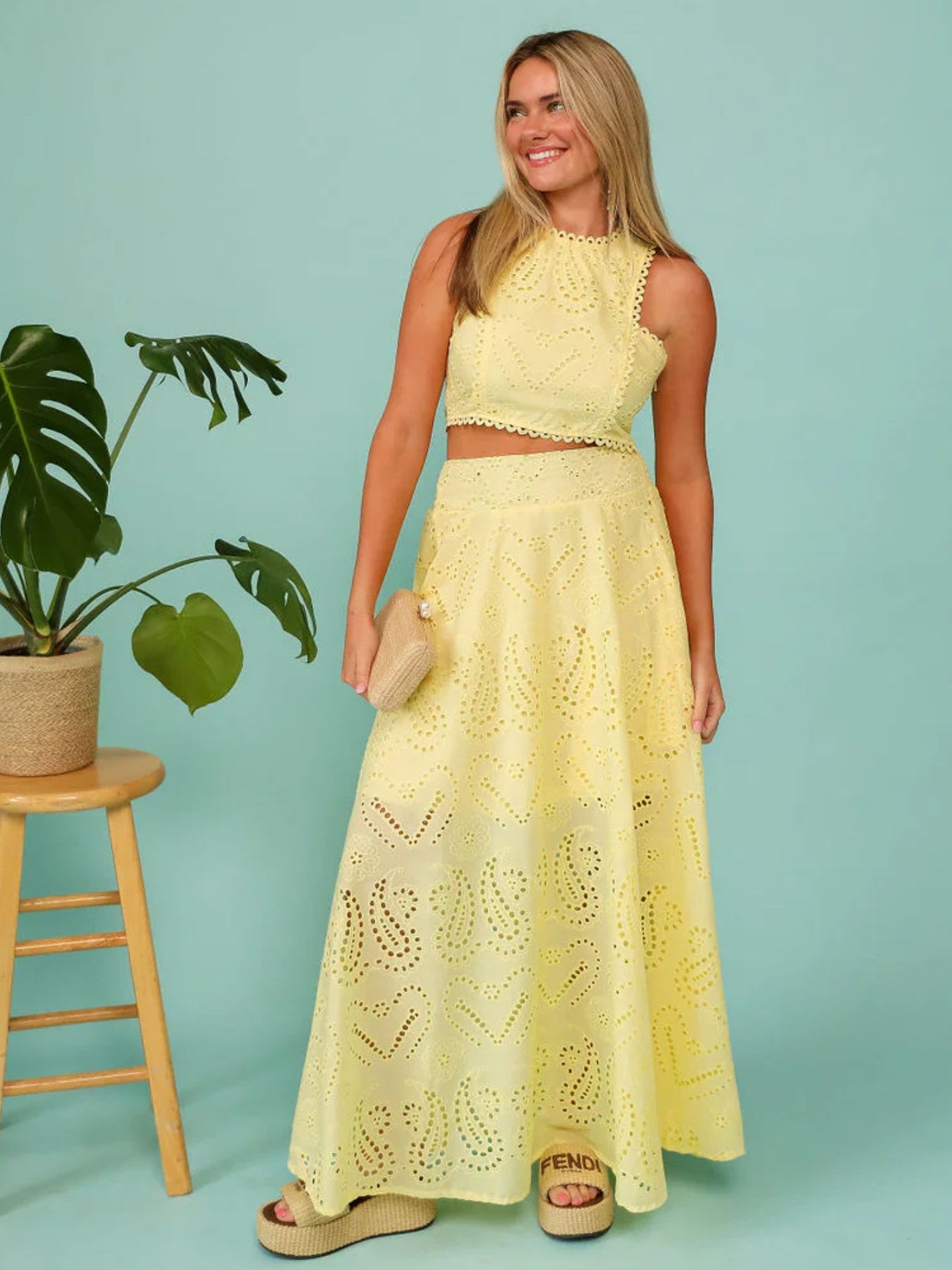 Yellow eyelet lace crop top and maxi skirt set