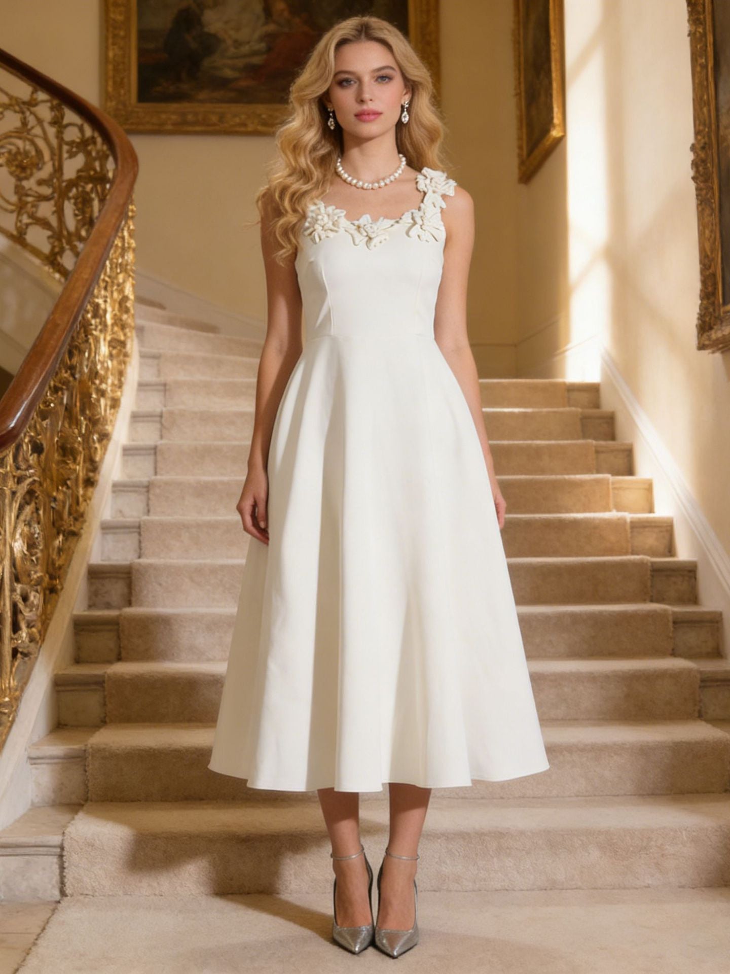 White floral embellished sleeveless midi dress with scoop neckline - Lilagrey