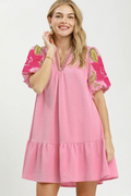 Floral embroidered textured jacquard dress in light pink
