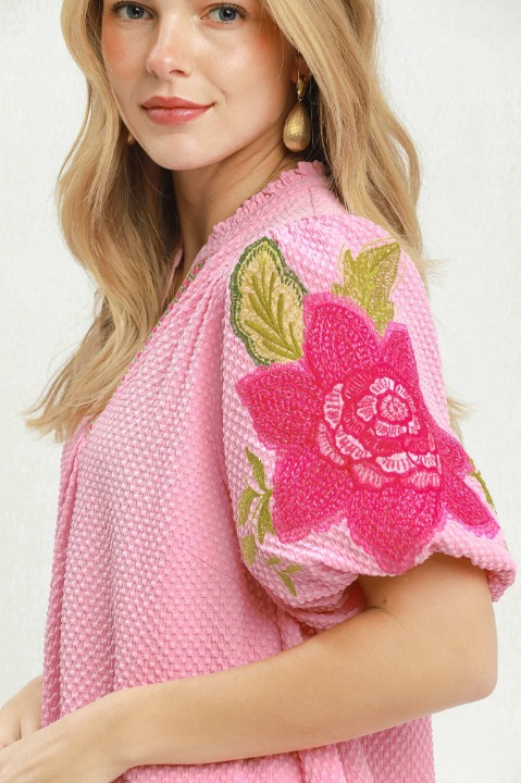 Floral embroidered textured jacquard dress in light pink