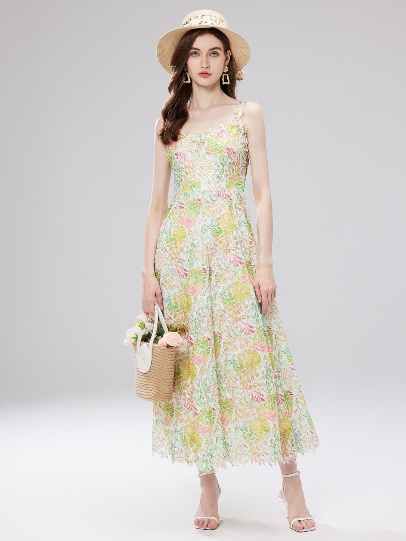 Green floral lace sleeveless midi dress