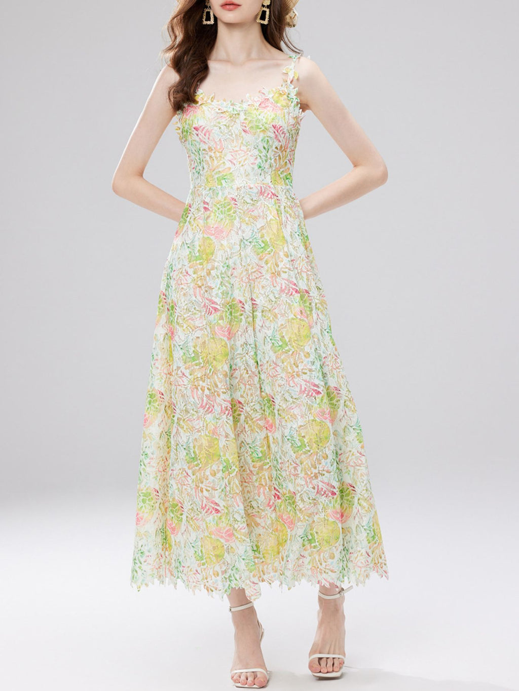 Green floral lace sleeveless midi dress