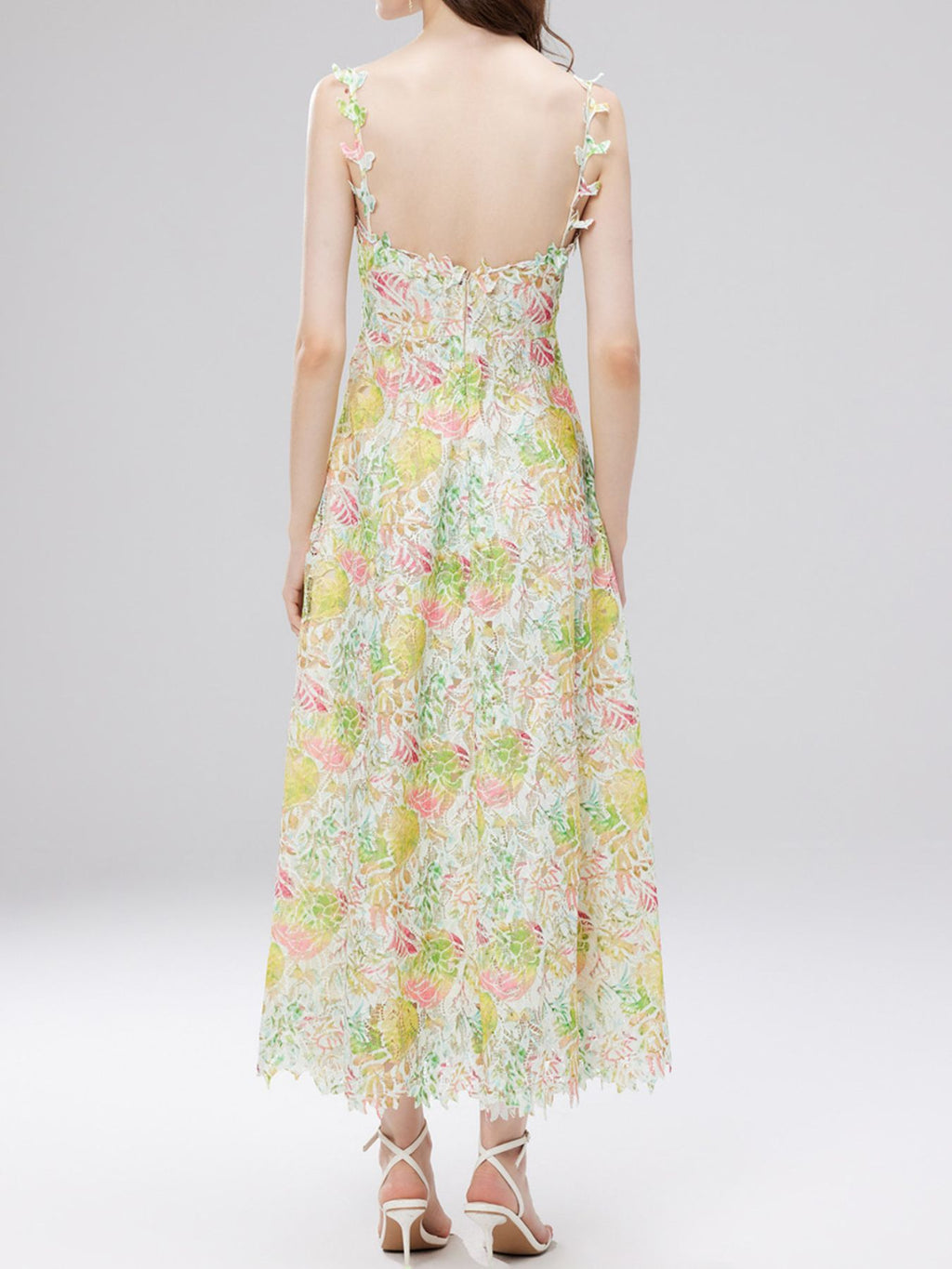 Green floral lace sleeveless midi dress