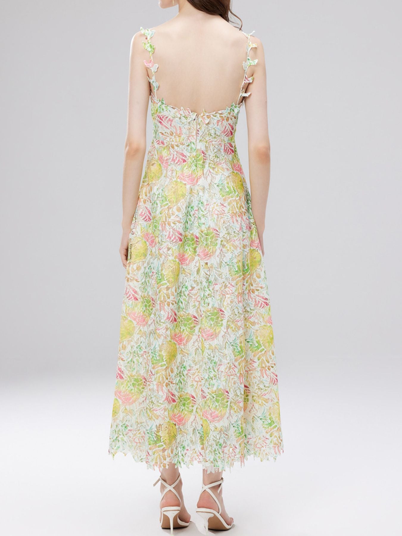 Green floral lace sleeveless midi dress