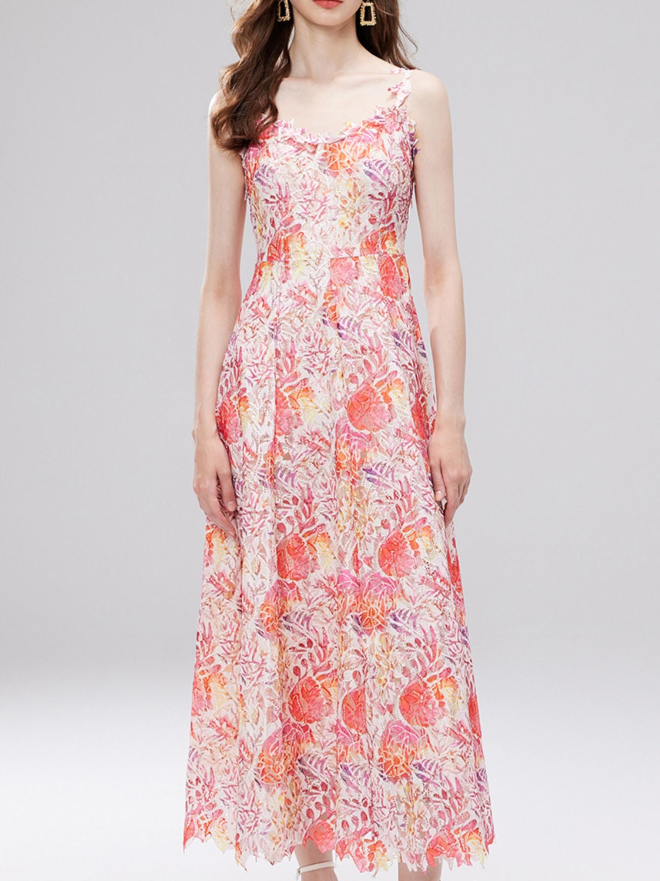 Red floral lace sleeveless midi dress