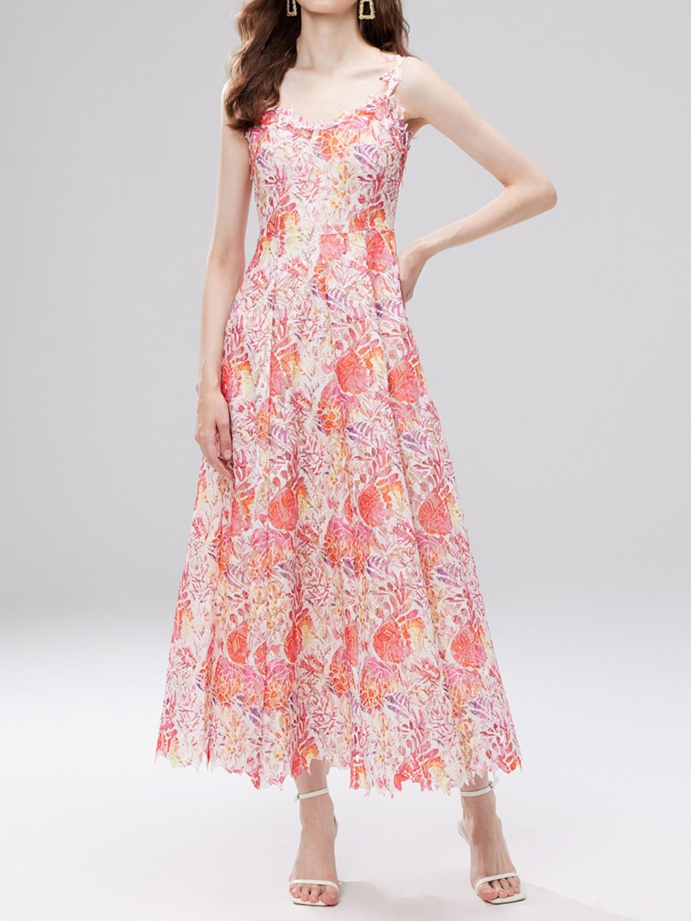 Green floral lace sleeveless midi dress