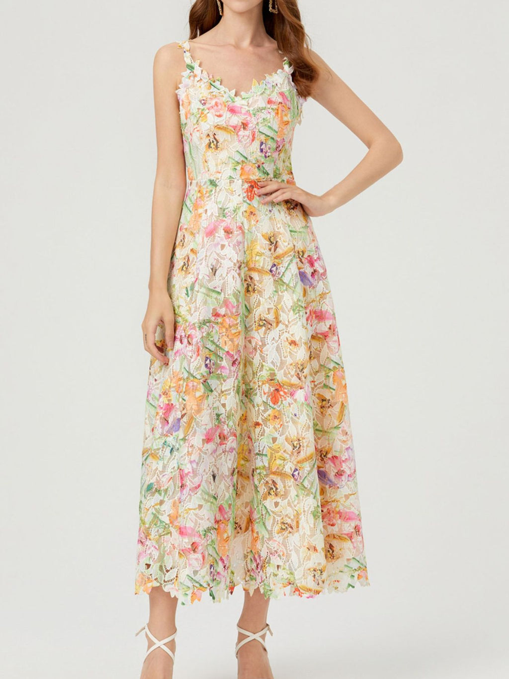 Apricot floral lace sleeveless midi dress