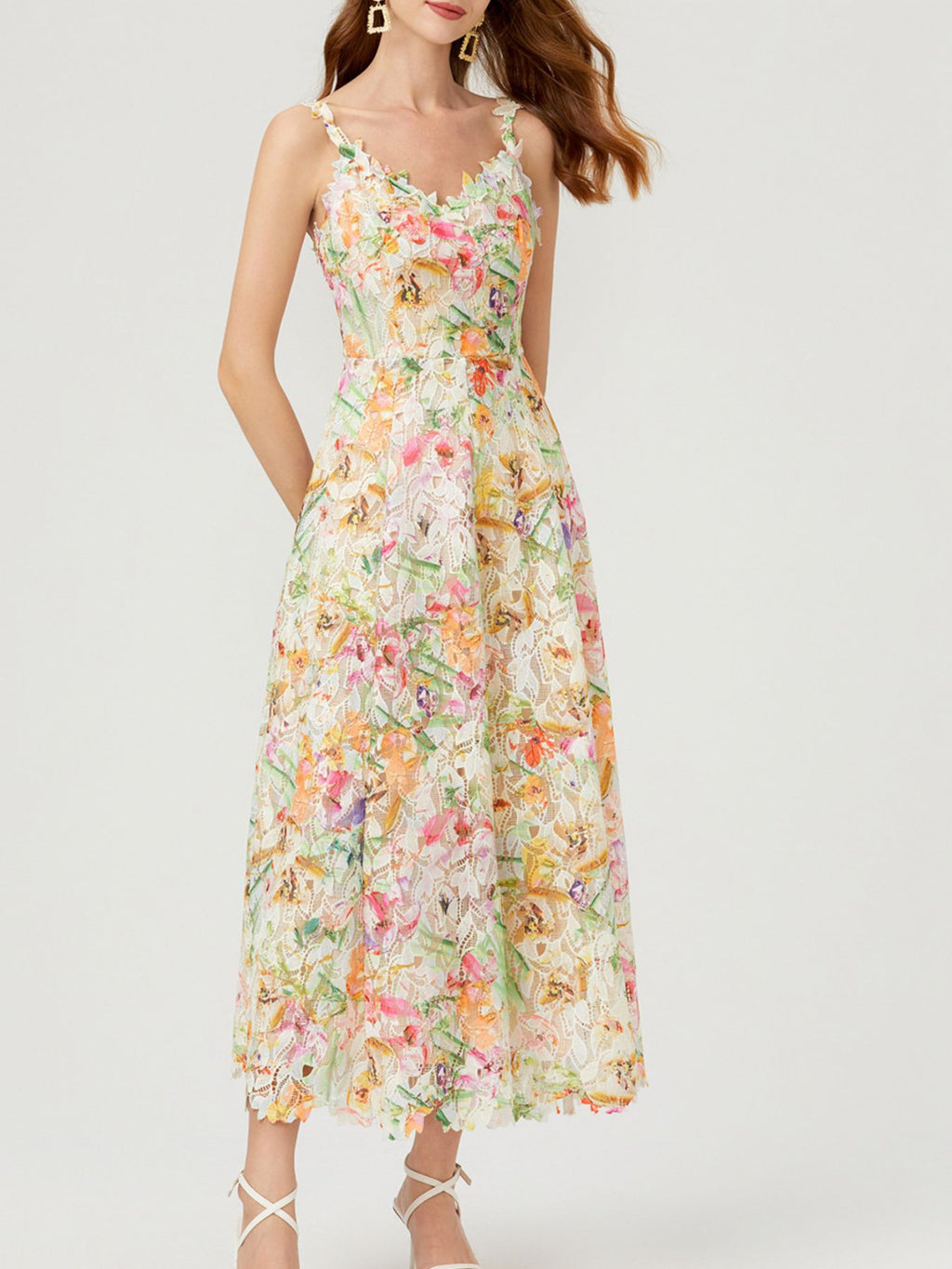 Apricot floral lace sleeveless midi dress