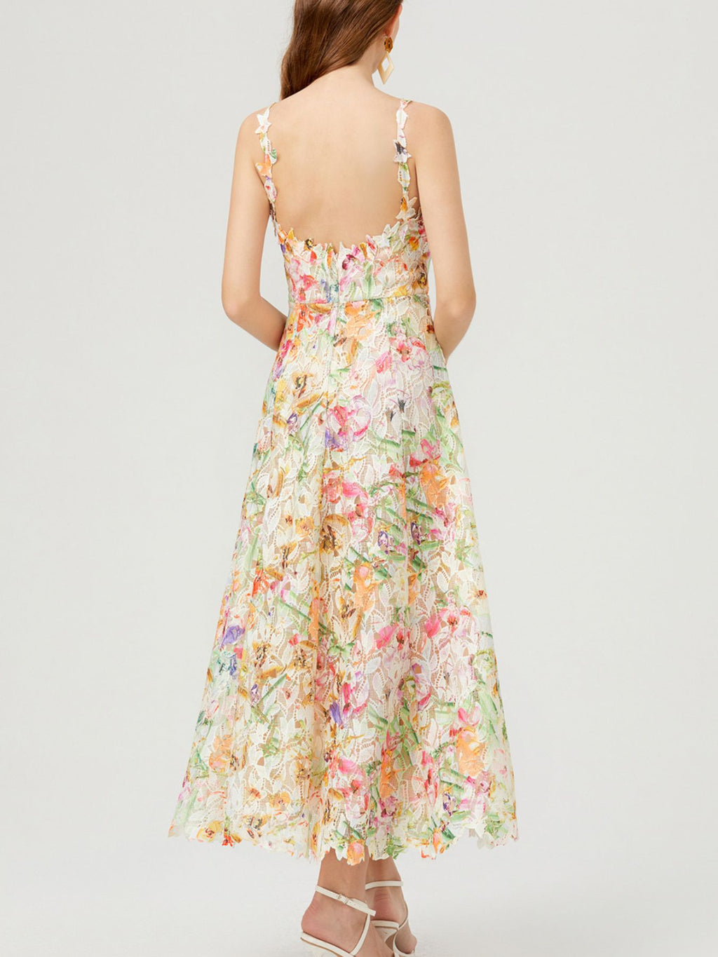 Apricot floral lace sleeveless midi dress