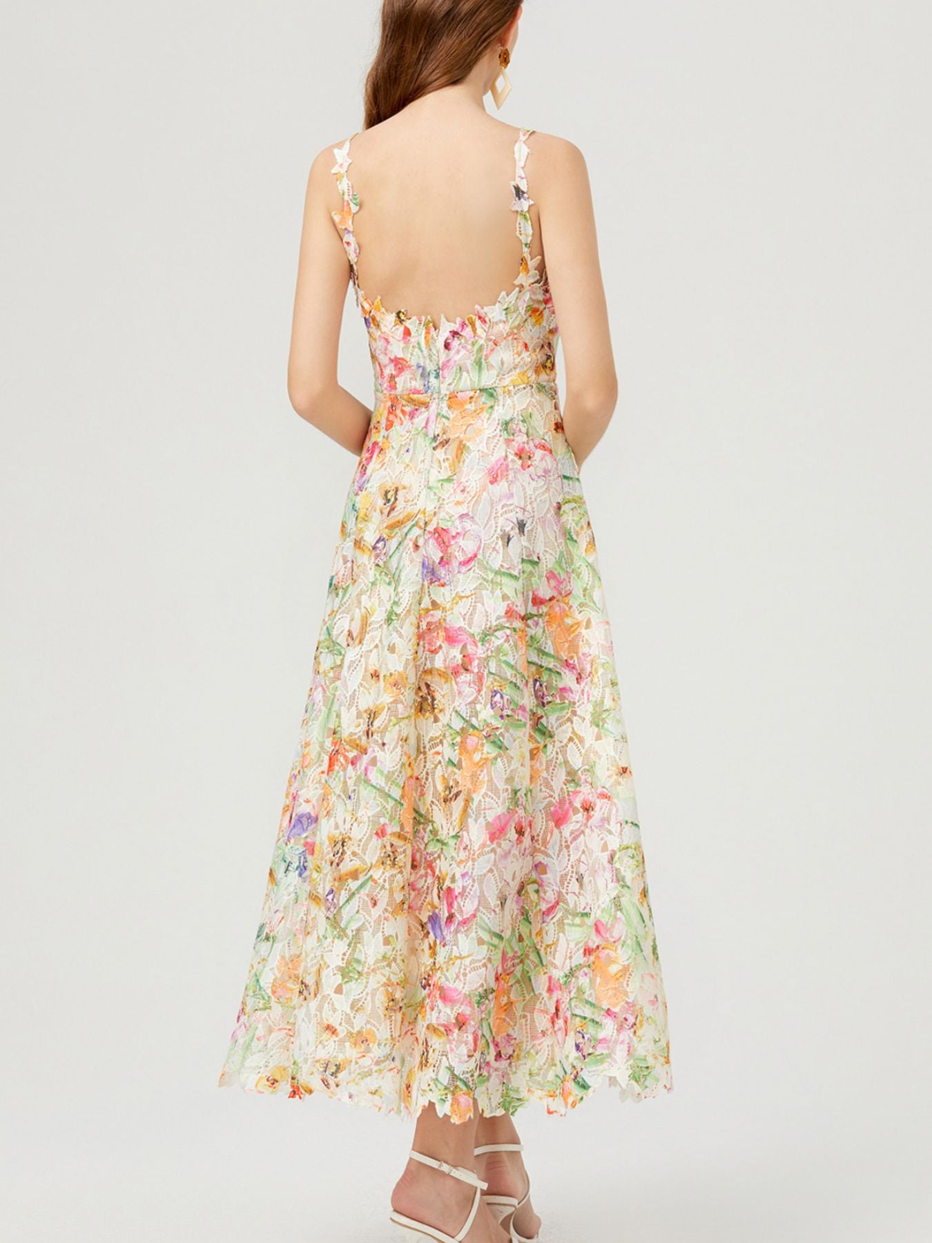Apricot floral lace sleeveless midi dress